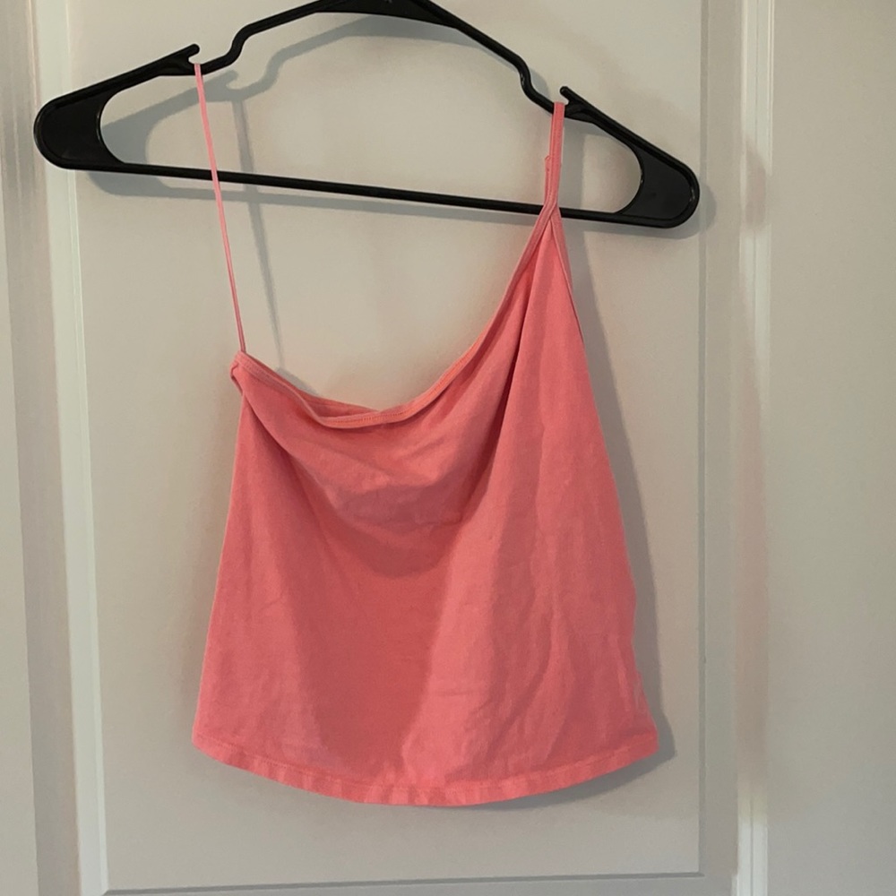 off the shoulder neon pink cropped tank top